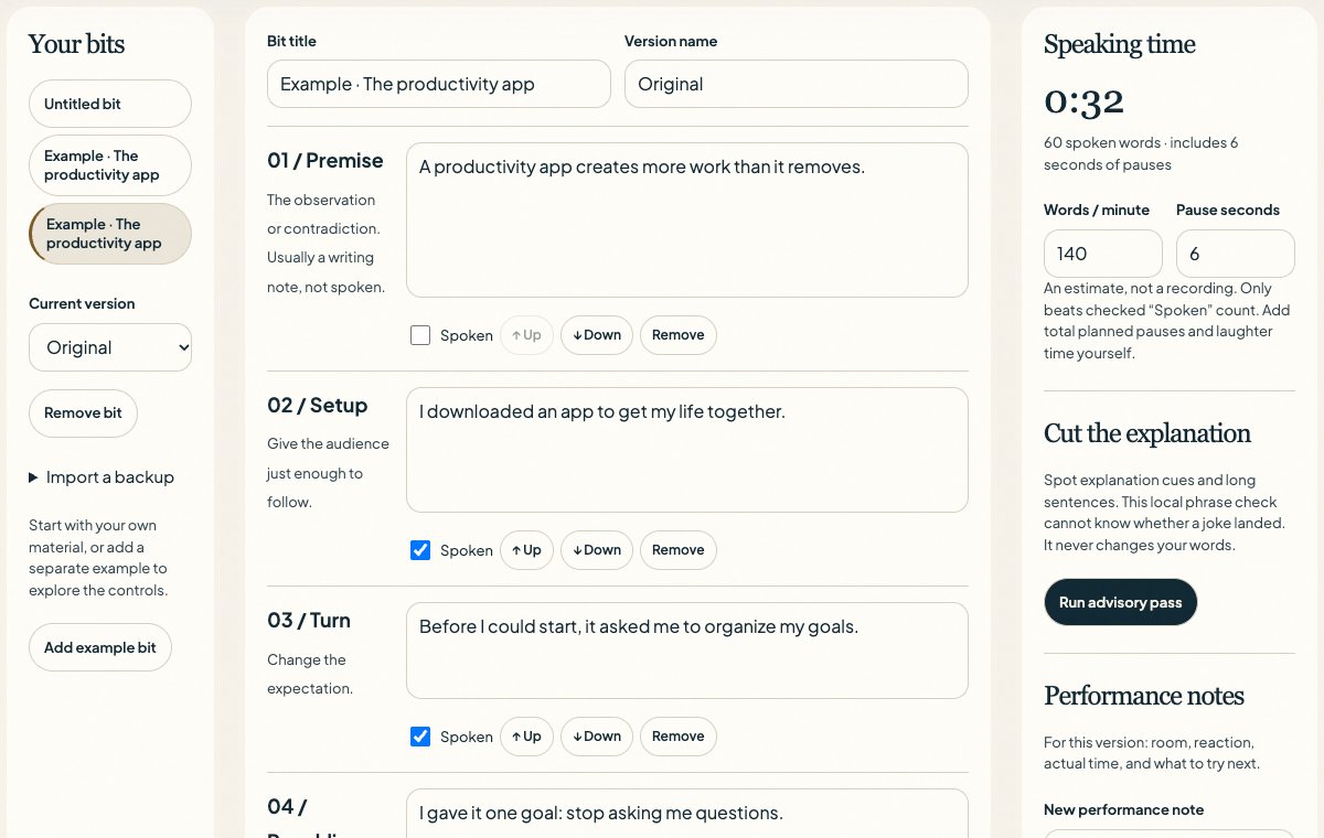 Bit Bench with a joke editor, beat controls, and revision workspace