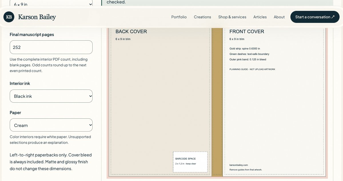 Paperback Cover Calculator interface with book specifications and cover planning information