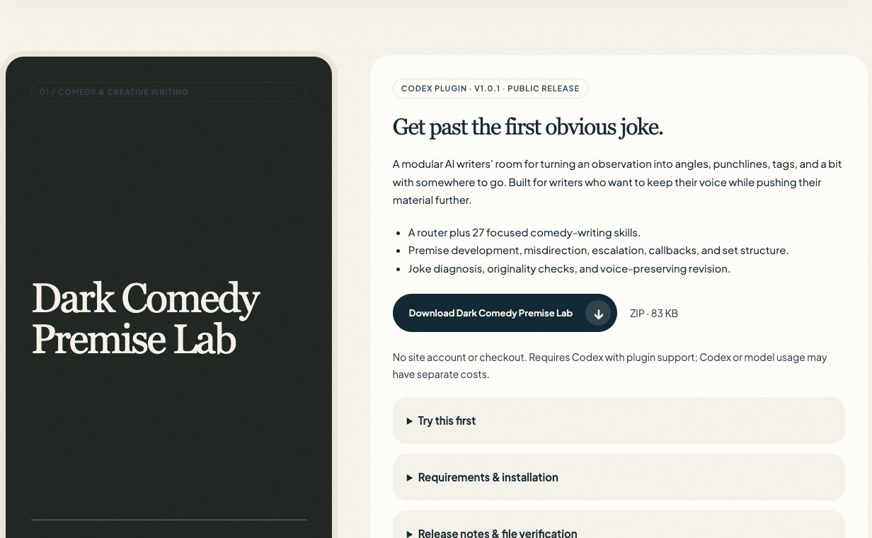 Creations collection featuring downloadable tools for comedy and publishing