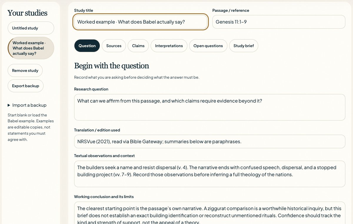 The Evidence Desk showing a worked research question and editable study fields
