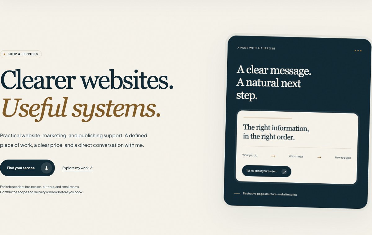 Shop and services page with a paper and navy editorial layout